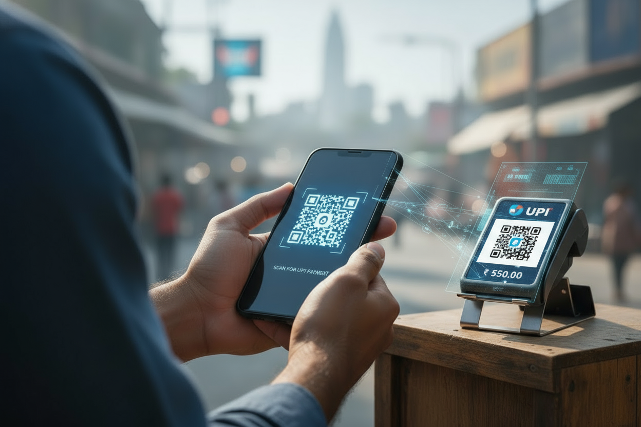 Mobile app interface showing QR code scanner for cashless insurance payments at hospitals, with scan frame and payment confirmation screen